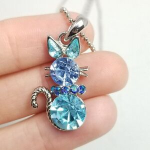 Vintage Blue Rhinestone Cat Pendant Necklace, Silver Tone Adjustable Chain